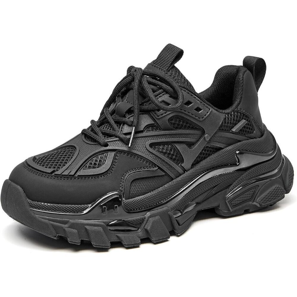 🆕Women Black Chunky Sneakers Casual Lace-up Walking Shoes